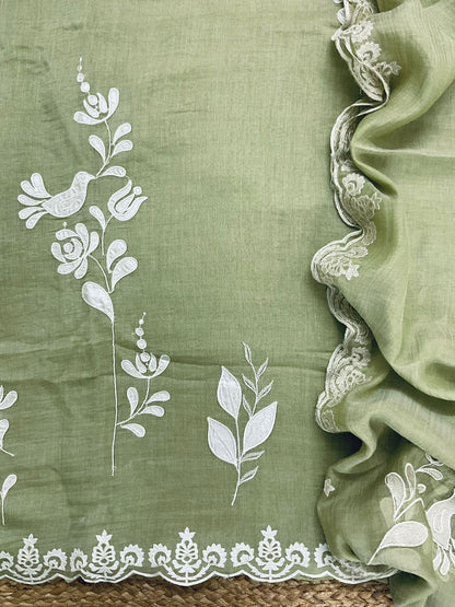 Atharva Heritage/Pure Mul Chanderi Shirt & Dupatta/French Thread Embroidery With Hand Applique /Cotton Silk  Bottom/CUT80371 Green