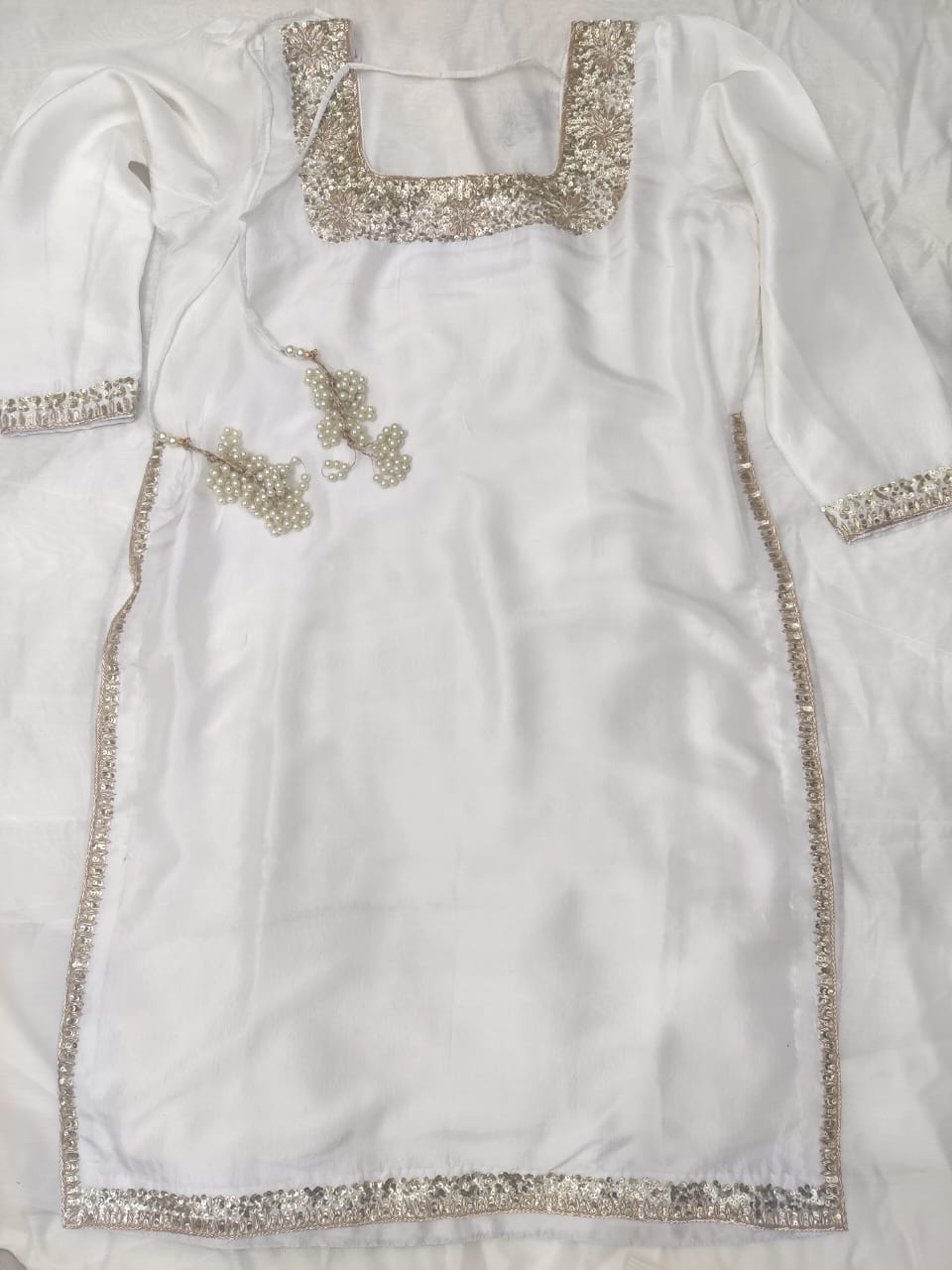 Atharva Heritage Pearl White Hand-Embroidered Raw Silk Pakistani Suit | Custom Stitched up to 9XL PRA001