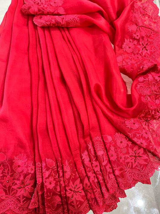 Atharva Heritage Red Saree in Pure Silk Organza with French Thread Monochrome Embroidery KRMFT006