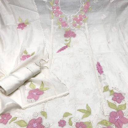 Atharva Heritage/Pure Mul Chanderi Shirt & Dupatta/ Hand Applique with Thread Embroidery/Cotton Silk  Bottom/CUT80377