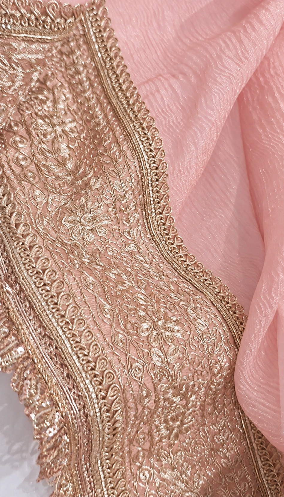 Atharva Heritage “Pure Crushed Tissue Silk Sari with Hand Pita Border & Kiran Lace – Pink