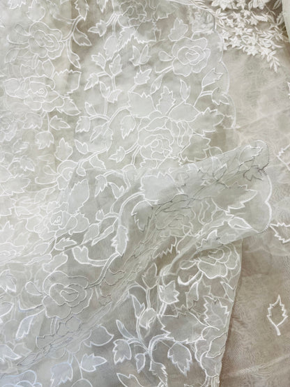 SHEER LUXURY PURE SILK ORGANZA PARSI APPLIQUE SUIT SHEER0030(H) Pearl White