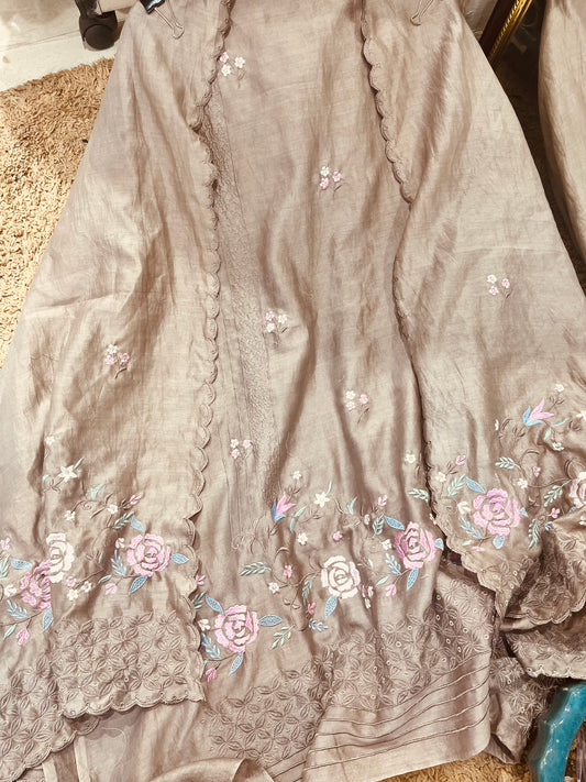Pure Chanderi Silk 70 Grams kurta AND Dupatta Parsi Aari Embroidery Unstitched Suit CH54239
