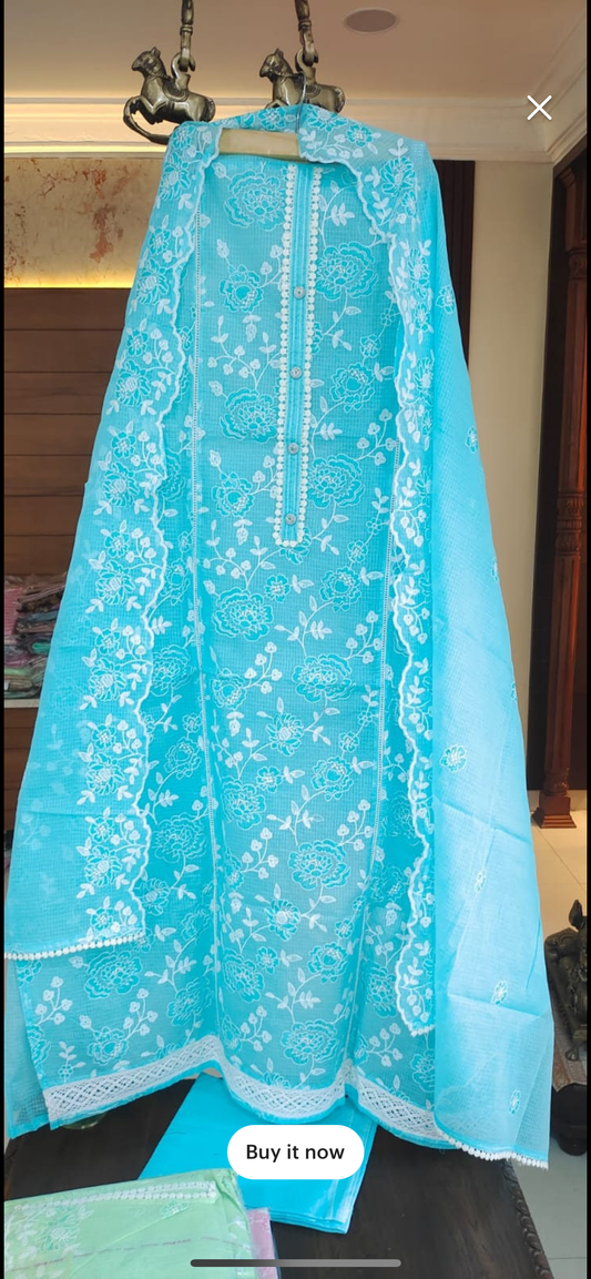 Atharva Embroidered Cotton kota  Salwar Kameez/Embroidery Kota Dupatta/Cotton Embroidery Shirt /Cotton Chikankari Bottom- KK0015B Blue