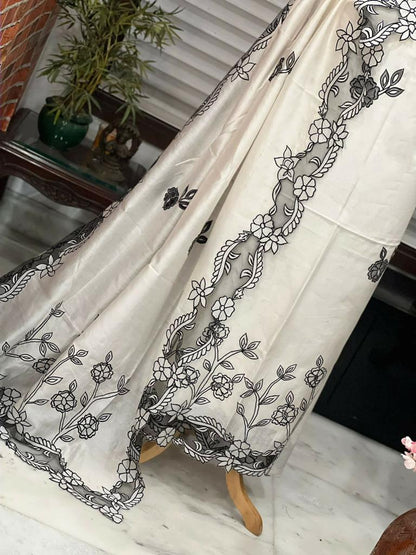 ATHARVA Hand Applique /Cutwork  Embroidery Salwar Kameez/pure Chanderi Silk Shirt & Dupatta/Santoon Bottom/Custom Stitch Unstitch/Plazo/Pant/ CUT8067 White and Black