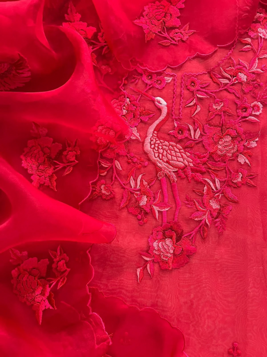 Atharva Heritage Sheer Luxury Pure Silk Organza Parsi Embroidered Monochrome Trousseau Collection unstitched Suit AH1867