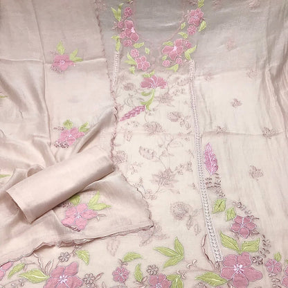 Atharva Heritage/Pure Mul Chanderi Shirt & Dupatta/ Hand Applique with Thread Embroidery/Cotton Silk  Bottom/CUT80377