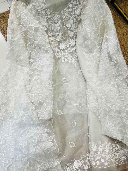 SHEER LUXURY PURE SILK ORGANZA PARSI APPLIQUE SUIT SHEER0030(H) Pearl White