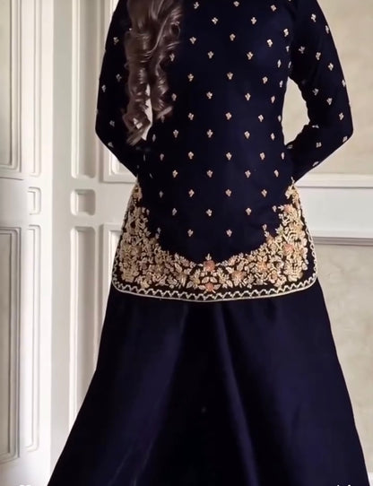 Atharva Heritage Royal Blue Pure Silk Velvet Garara Set with Hanzardozi Embroidery 181331921