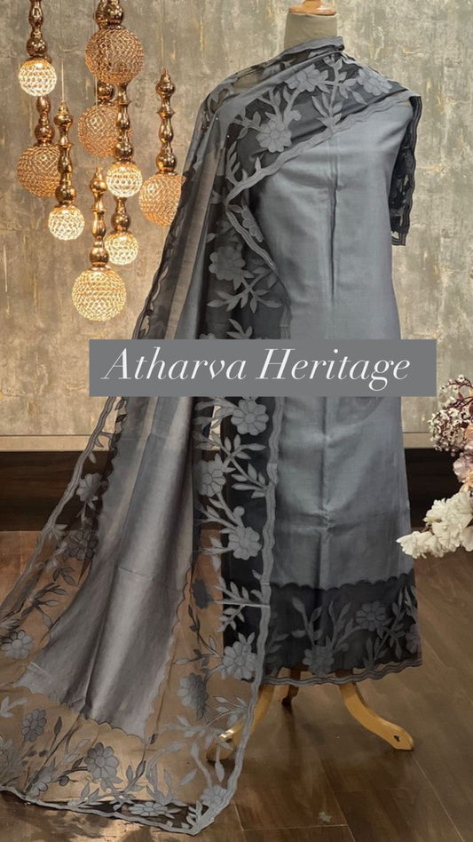 ATHARVA Applique Embroidery Salwar Kameez/Chanderi Cut-Work Shirt & Dupatta/Santoon Bottom/Custom Stitch Unstitch/Plazo/Pant/CUT8131