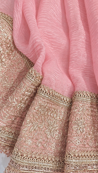 Atharva Heritage “Pure Crushed Tissue Silk Sari with Hand Pita Border & Kiran Lace – Pink