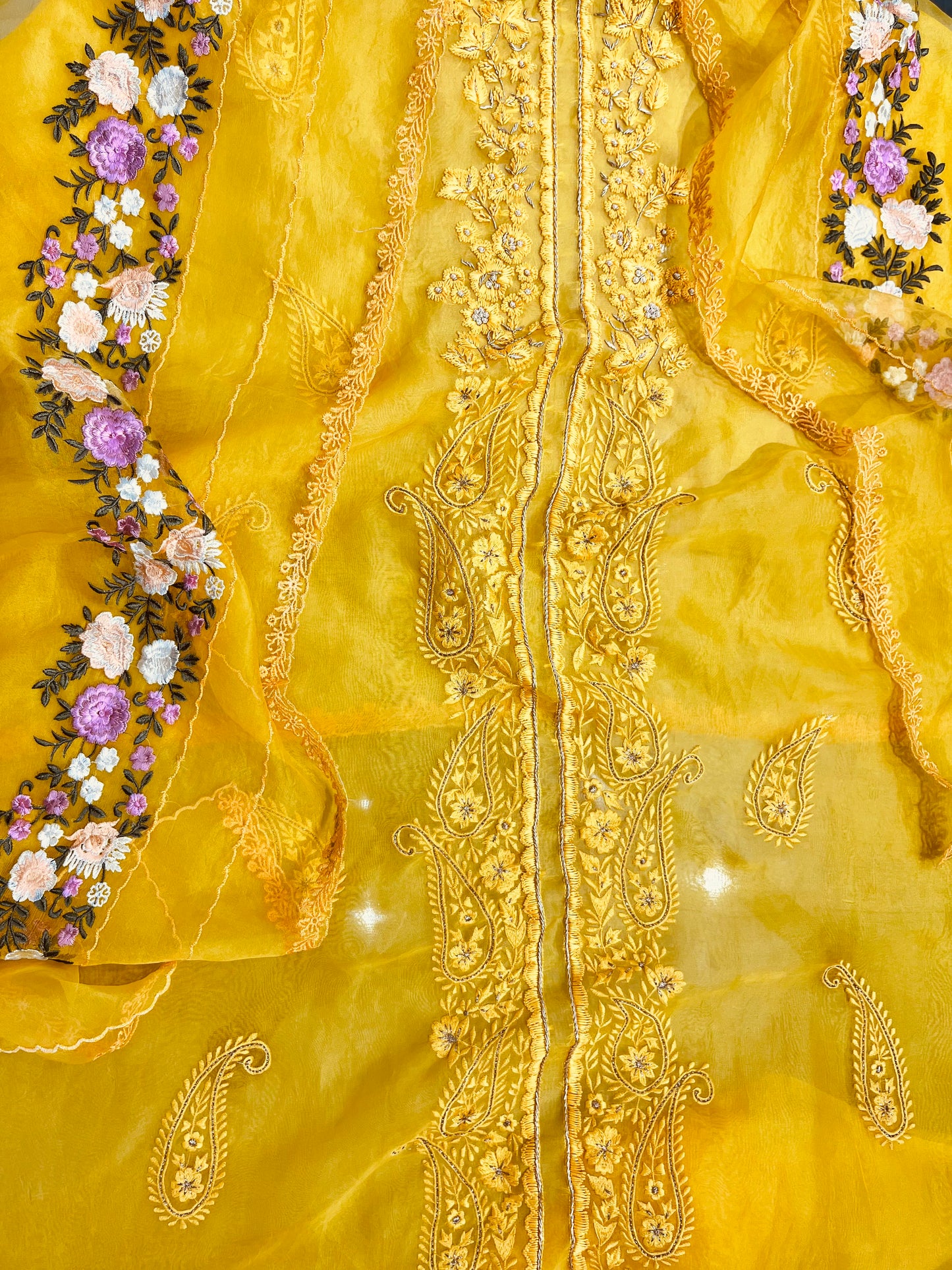SHEER LUXURY PURE SILK ORGANZA  Suit Hand Zardozi Embroidery /PARSI Dupatta  SHEER0067 Yellow