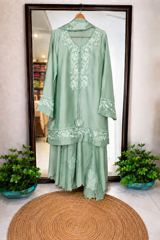 Atharva Heritage Pure Satin Silk Pastel Mint Farsi Salwar Set with Organza Dupatta AH18133191