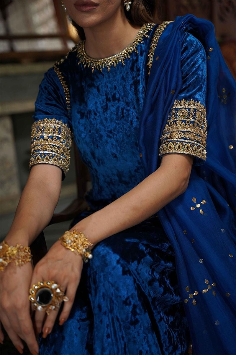 Atharva Heritage Rich Blue Pure Silk Velvet Zardozi Suit with Loose Plazo & Mukesh Kandhani Dupatta SVBMKZ1667