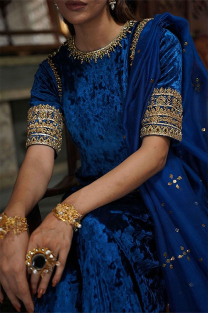 Atharva Heritage Rich Blue Pure Silk Velvet Zardozi Suit with Loose Plazo & Mukesh Kandhani Dupatta SVBMKZ1667