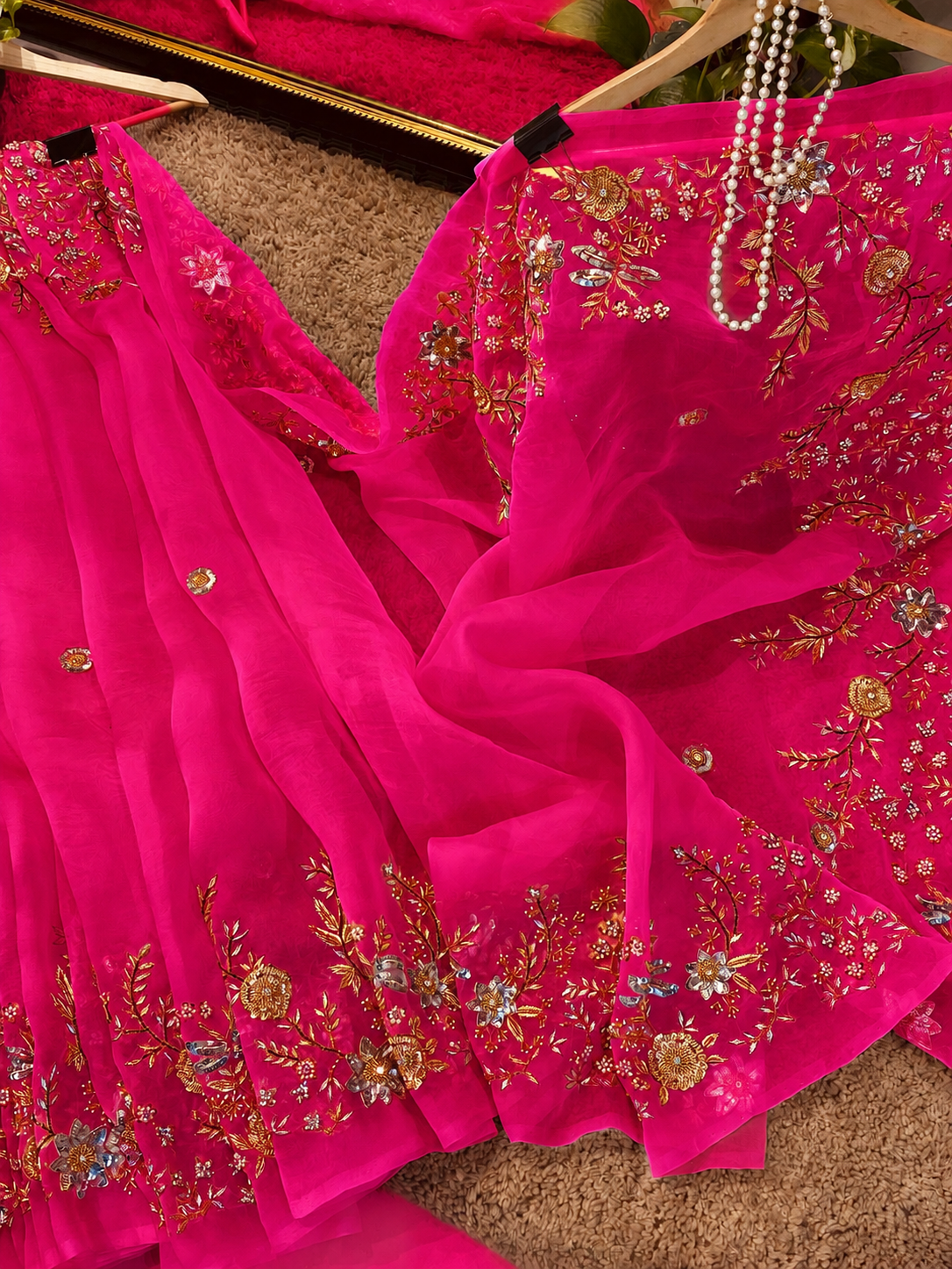Atharva Heritage Hot Pink Pure Silk Organza Saree – Trousseau Collection | 400+ Hours Hand-Embroidered Luxury RLS178