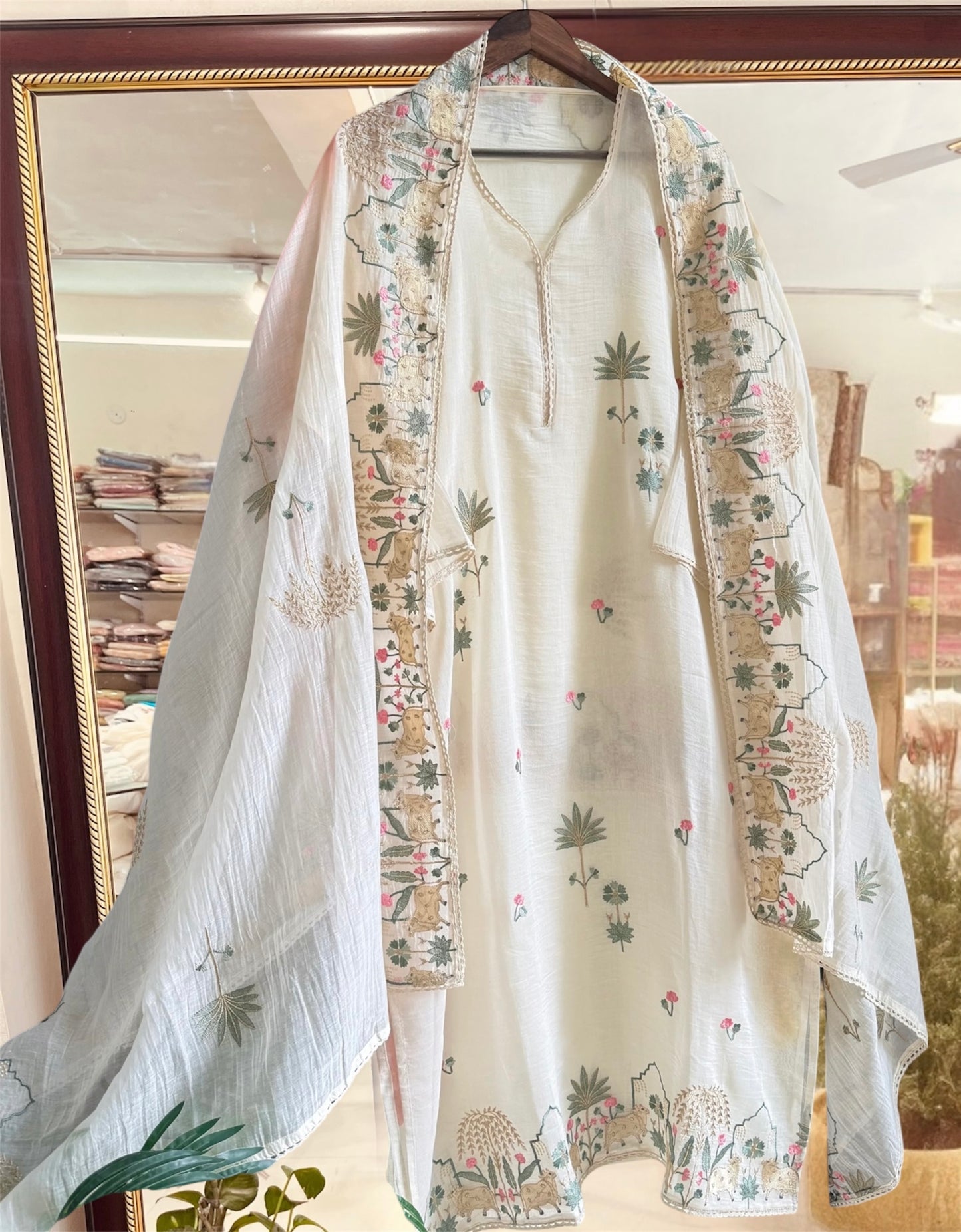 Atharva Frech Thread Pichwai motifs  Embroidered Pure Mul Chanderi Hand woven  edits MC70015  Ivory