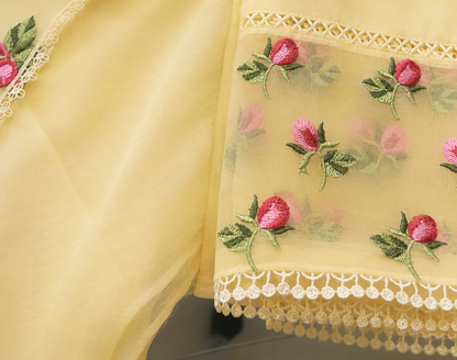 Atharva Heritage Butter Yelllow Hand-Embroidered Pure Chanderi Silk Pakistani Suit with Organza Dupatta & Cross-Stitch Detailing CHO0010