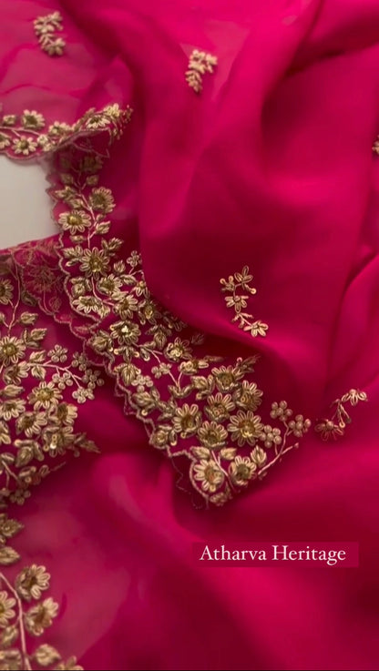 Atharva Heritage Fuchsia Pink Luxury Sheer Saree with Intricate Gold Floral Embroidery AH1813HZS