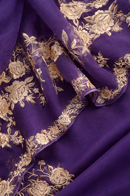 Atharva Heritage Pure Silk Organza Parsi Gara Deep Purple Embroidery Suit SOP543