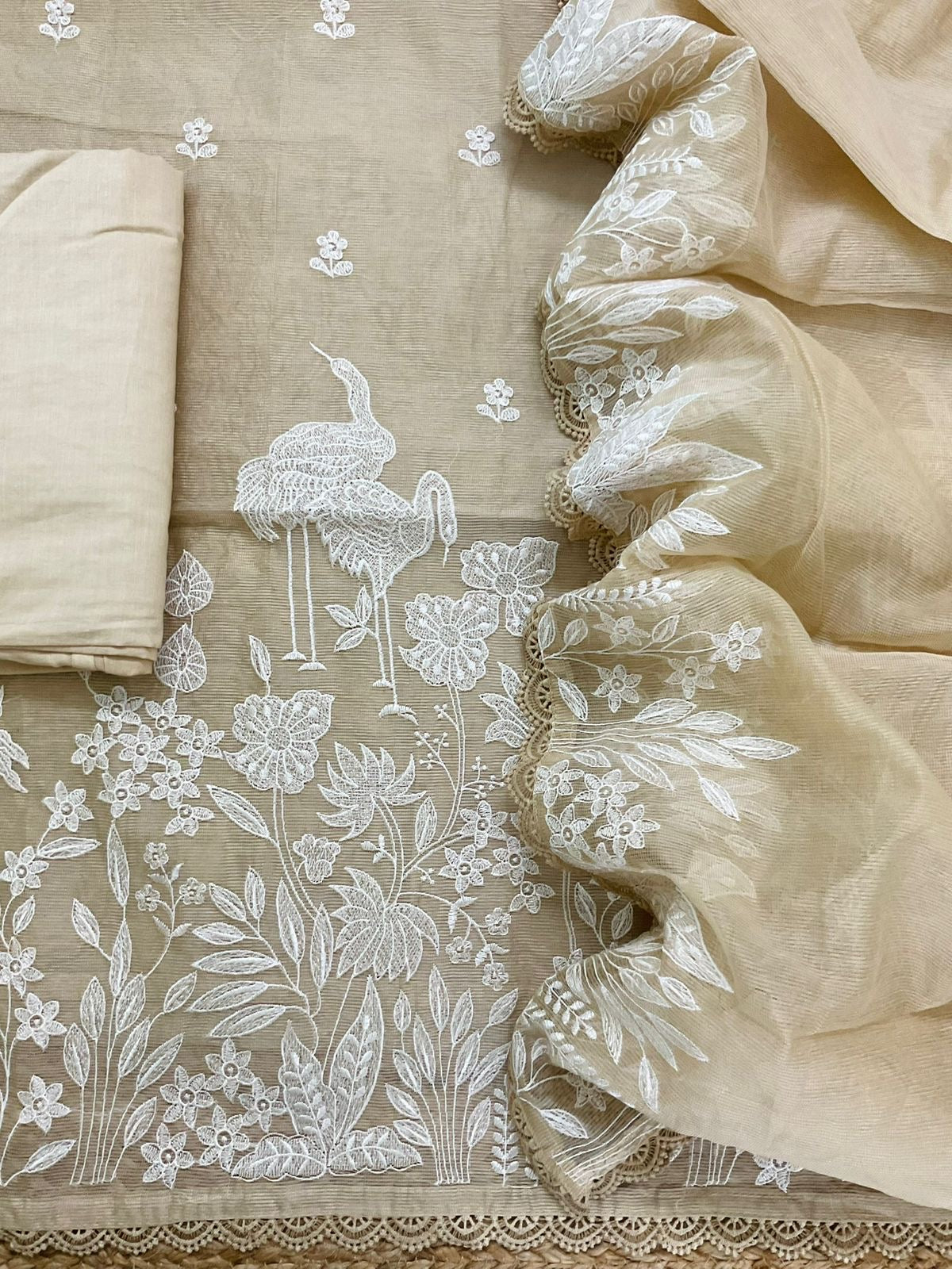 Atharva Heritage PURE STRIPED Mul CHANDER  French THREAD EMBROIDERED SUIT CH5460 Beige