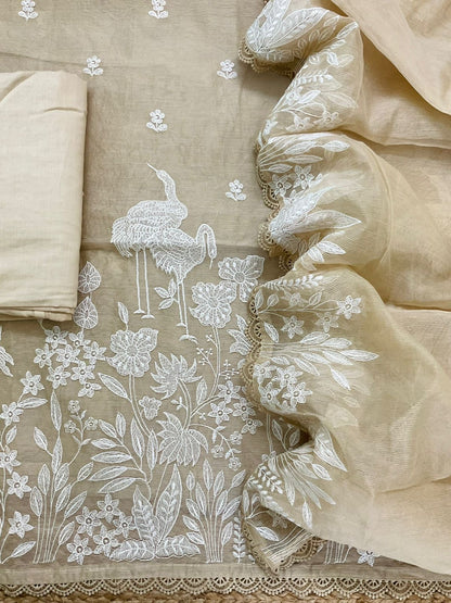 Atharva Heritage PURE STRIPED Mul CHANDER  French THREAD EMBROIDERED SUIT CH5460 Beige