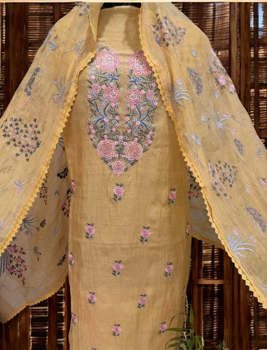 ATHARVA HERITAGE PURE MUL CHANDERI PARSI GARA SUIT MCH0072Y YELLOW