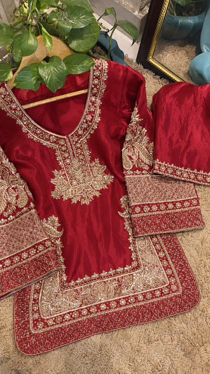 Atharva Heritage ✨Kerwachauth Special  – Pure SATIN organza 80 Grams Zardozi Ensemble Front Embroidery 3 Pc  ✨ PTSTHZ567