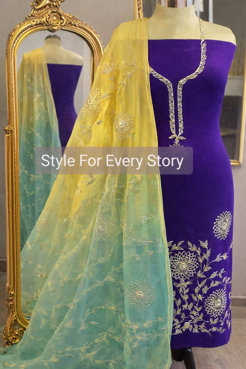 Atharva Heritage "Ombré Elegance in every stitch: Embrace the timeless beauty of Pure Georgette 80 Grams  Gota suit paired with a delicate Pure Silk Organza  Gota Embroidered Dupatta." GE0056 Purple Mint and Yellow