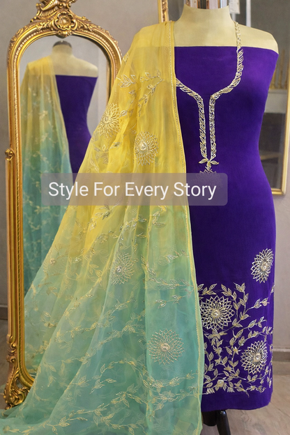 Atharva Heritage "Ombré Elegance in every stitch: Embrace the timeless beauty of Pure Georgette 80 Grams  Gota suit paired with a delicate Pure Silk Organza  Gota Embroidered Dupatta." GE0056 Purple Mint and Yellow