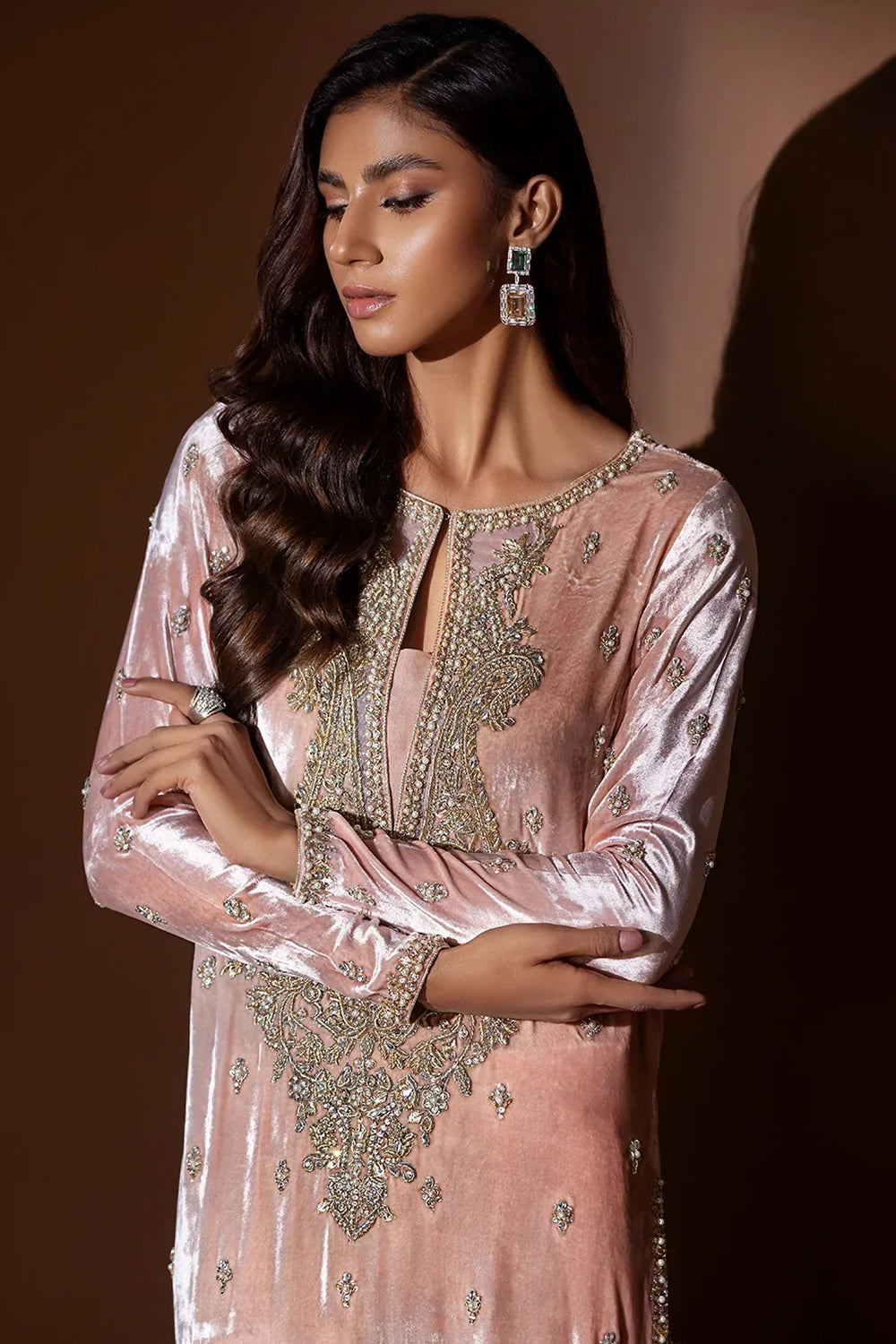 Atharva Heritage “Regal Peach Velvet Ensemble with Gold Dabka & Pearl Handwork” PSVM167