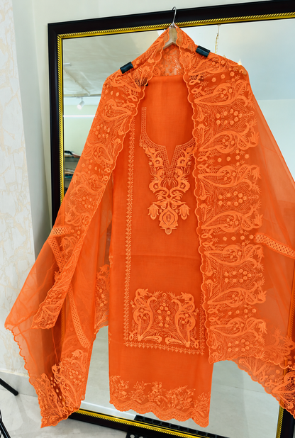 Atharva Heritage Pure Silk Organza Burnt Orange French Thread Monochrome Embroidered unstitched Front and Back  Pakistani Suit SLP001