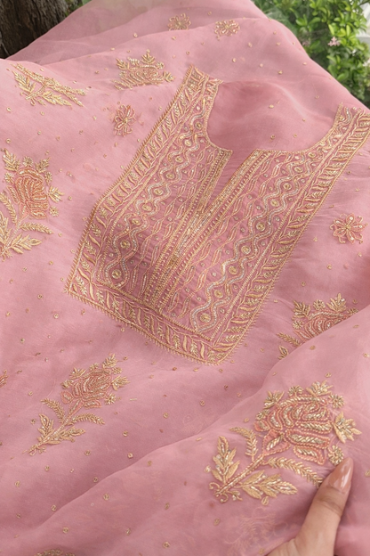 Atharva Heritage Powder Pink Noor Organza Silk Chikankari Unstitched Kurta Dupatta Set SL89000646