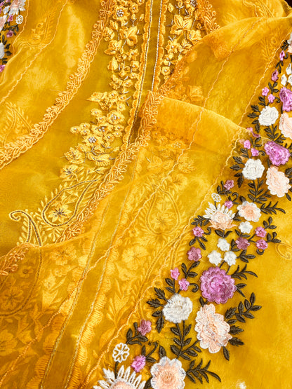 SHEER LUXURY PURE SILK ORGANZA  Suit Hand Zardozi Embroidery /PARSI Dupatta  SHEER0067 Yellow