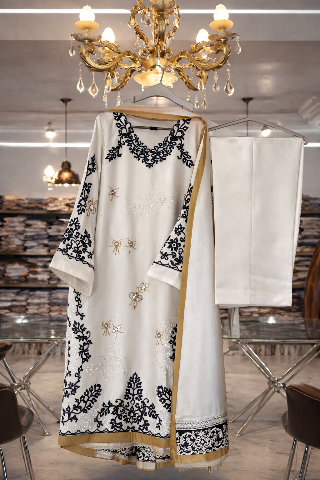 Atharva Heritage White Pure Satin Silk Pakistani Suit with Multi-Technique Embroidery & Tissue Facing Detailing – Custom Stitching Available (S–9XL) AH181331916