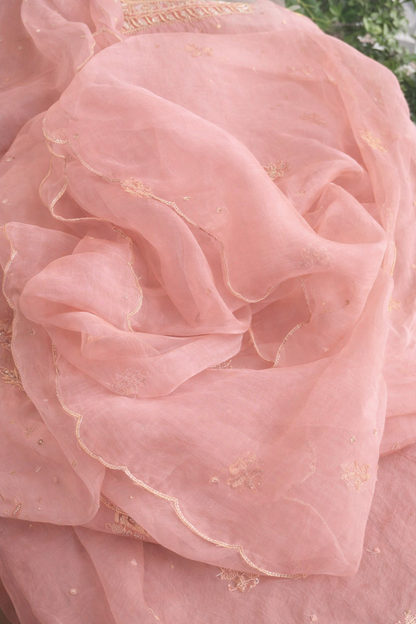 Atharva Heritage Powder Pink Noor Organza Silk Chikankari Unstitched Kurta Dupatta Set SL89000646