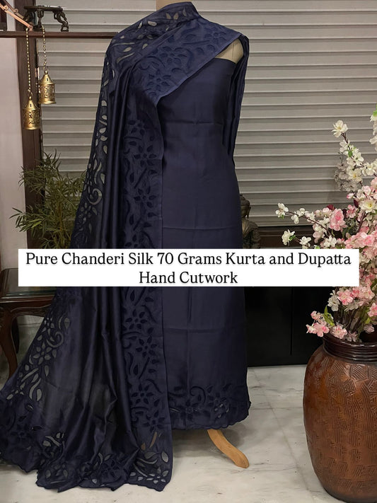 ATHARVA HERITAGE Hand CUTWORK Embroidery Salwar Kameez/Pure Mul Chanderi Cut-Work Shirt & Dupatta/Santoon Bottom/Custom Stitch Unstitch/Plazo/Pant/CUT80362 Royal Blue
