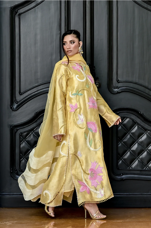Atharva Heritage Pure Satin Silk Hand Appliqué pakisani Long Kurta Set – Eid Collection 181331843