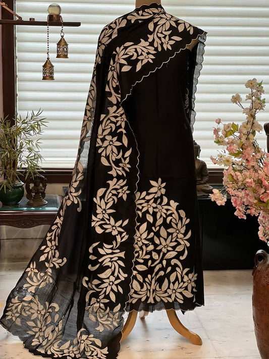 ATHARVA Hand Applique /Cutwork  Embroidery Salwar Kameez/pure Chanderi Silk Shirt & Dupatta/Santoon Bottom/Custom Stitch Unstitch/Plazo/Pant/ CUT8069TBG Black and White