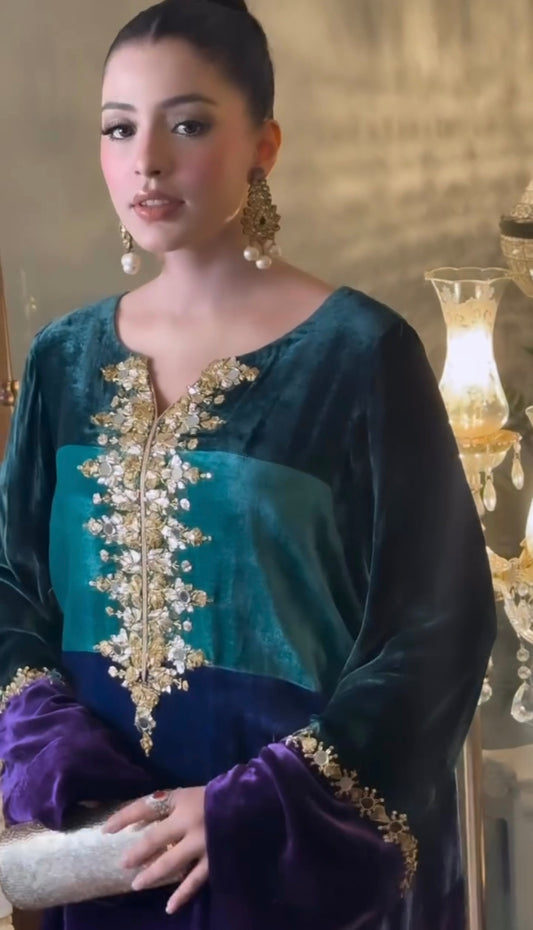 Atharva Heritage Tri-Color Pakistani 100% Pure Silk  Velvet Co-ord Set with Hand Zardozi Embroidery & Tissue Dhoti Pants 181331067