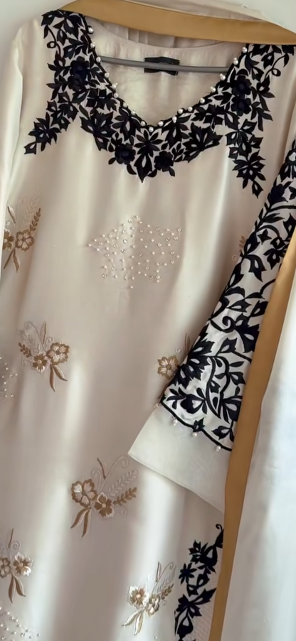 Atharva Heritage White Pure Satin Silk Pakistani Suit with Multi-Technique Embroidery & Tissue Facing Detailing – Custom Stitching Available (S–9XL) AH181331916