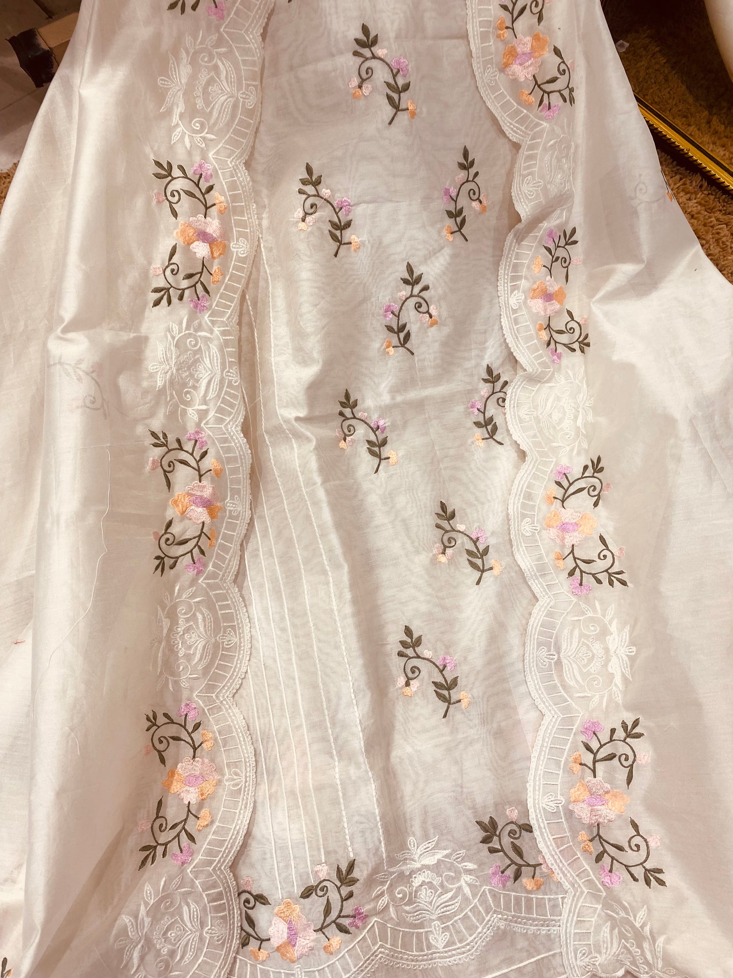PURE CHANDERI SILK KASHMIRI AARI SUIT CH5438 IVORY