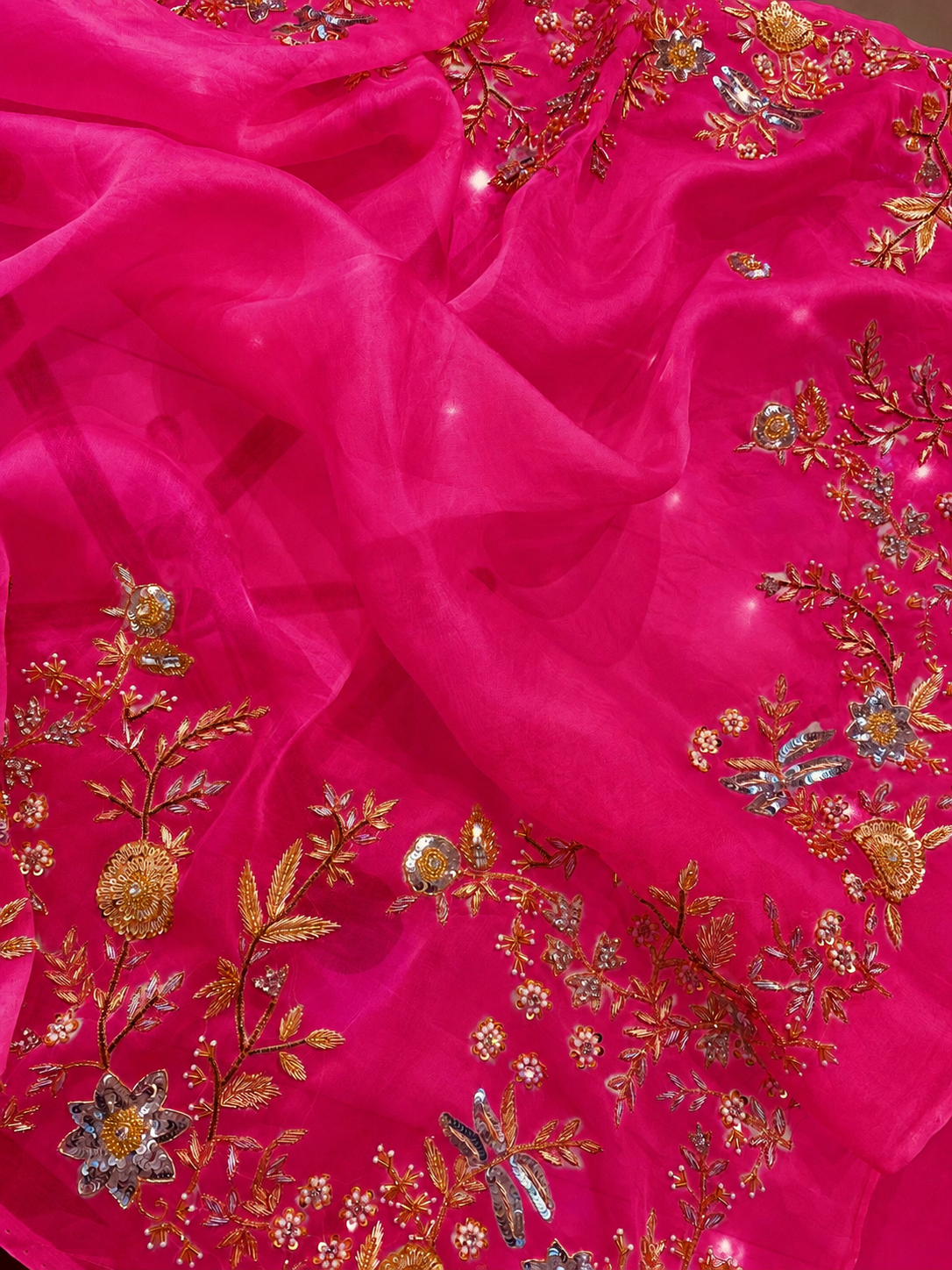 Atharva Heritage Hot Pink Pure Silk Organza Saree – Trousseau Collection | 400+ Hours Hand-Embroidered Luxury RLS178