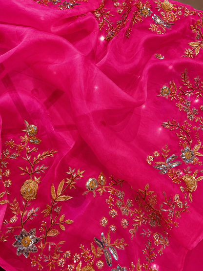 Atharva Heritage Hot Pink Pure Silk Organza Saree – Trousseau Collection | 400+ Hours Hand-Embroidered Luxury RLS178