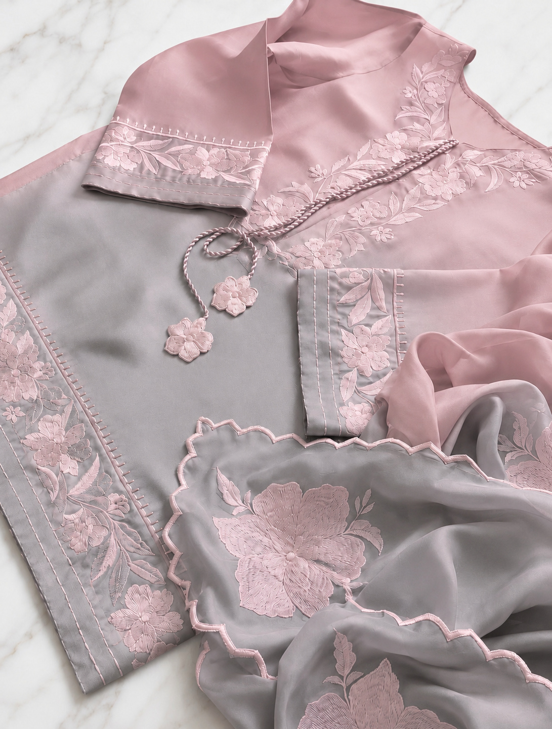 Atharva Heritage Pure Satin Silk Ombre Grey N Pink Farsi Salwar Set with Organza Dupatta AH18133191