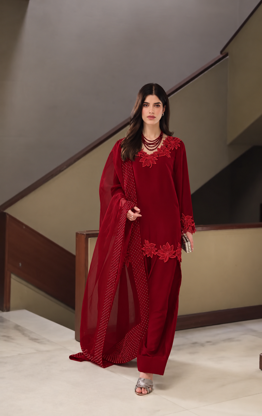 Atharva Heritage – Hand-Embroidered Pure Silk Farshi Salwar 3 Pc Pakistani Coord set  with Pearl & Katdana Detailing AHSS1561