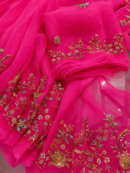 Atharva Heritage Hot Pink Pure Silk Organza Saree – Trousseau Collection | 400+ Hours Hand-Embroidered Luxury RLS178