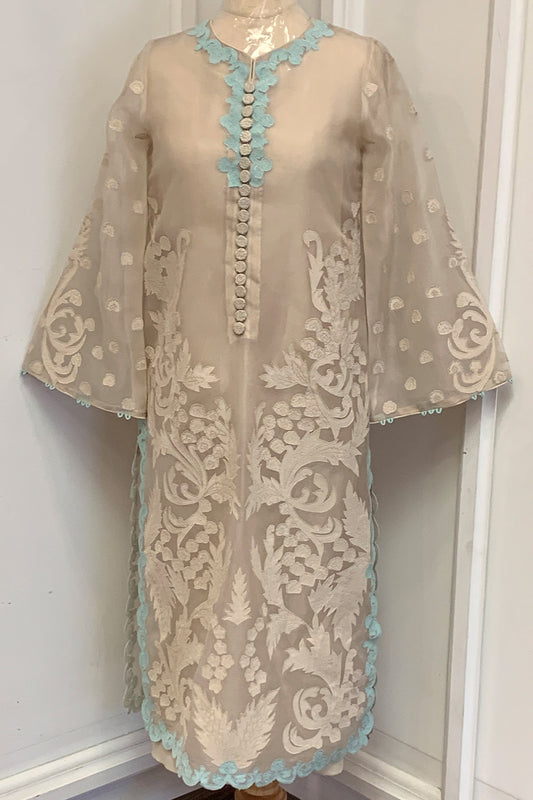 Atharva Heritage Ivory Pure Silk Organza Pakistani Style Kurta Set with Hand Appliqué Detailing SHCH0023