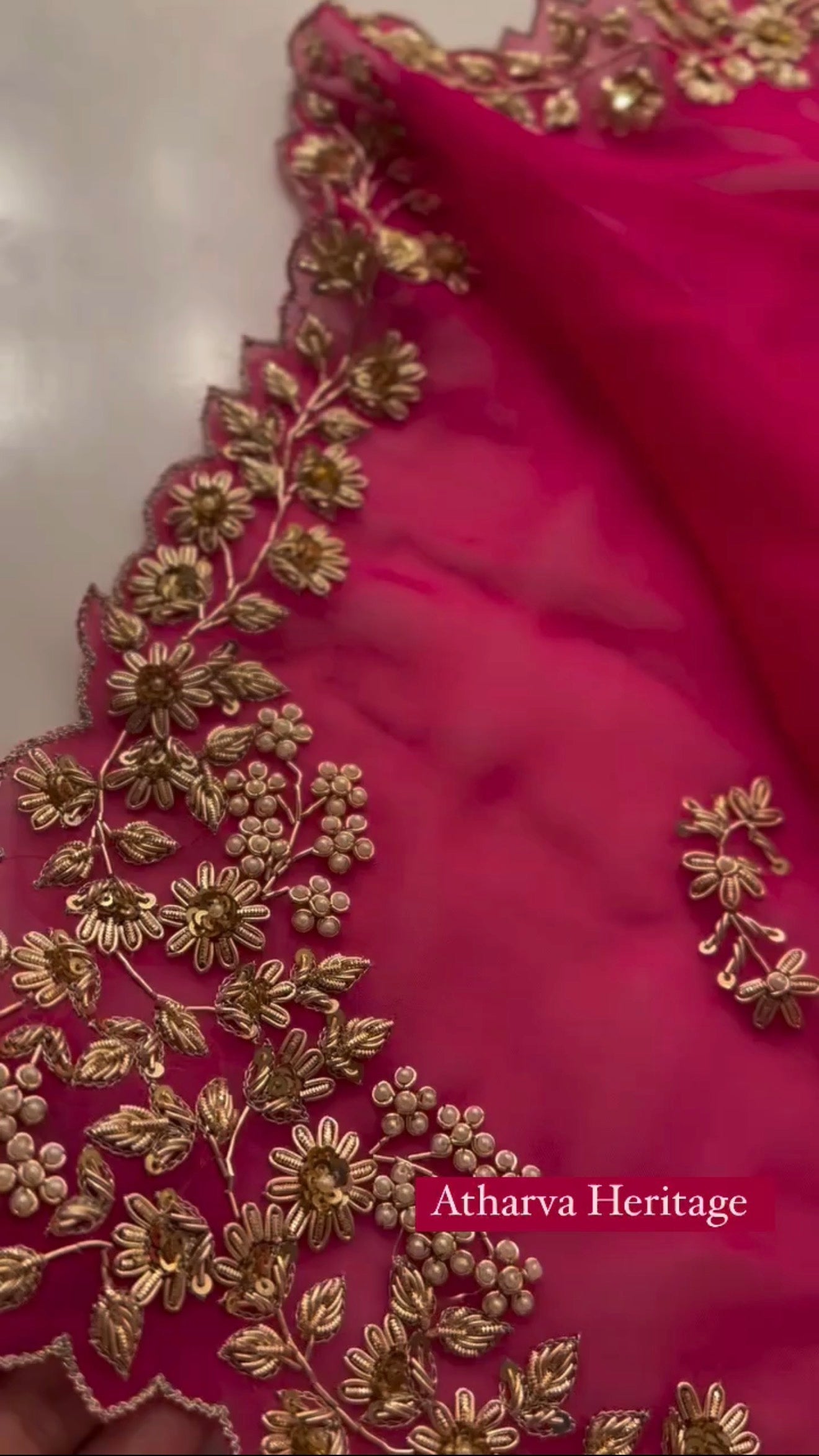 Atharva Heritage Fuchsia Pink Luxury Sheer Saree with Intricate Gold Floral Embroidery AH1813HZS