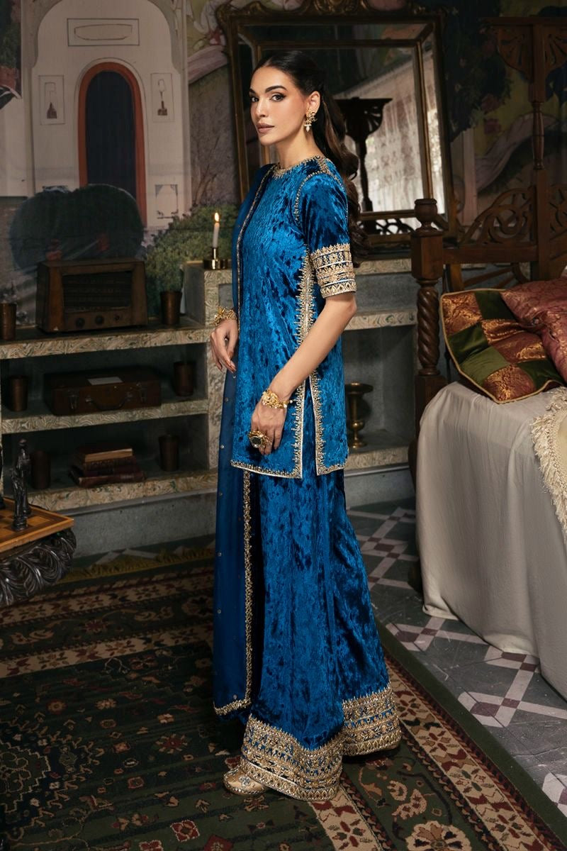 Atharva Heritage Rich Blue Pure Silk Velvet Zardozi Suit with Loose Plazo & Mukesh Kandhani Dupatta SVBMKZ1667